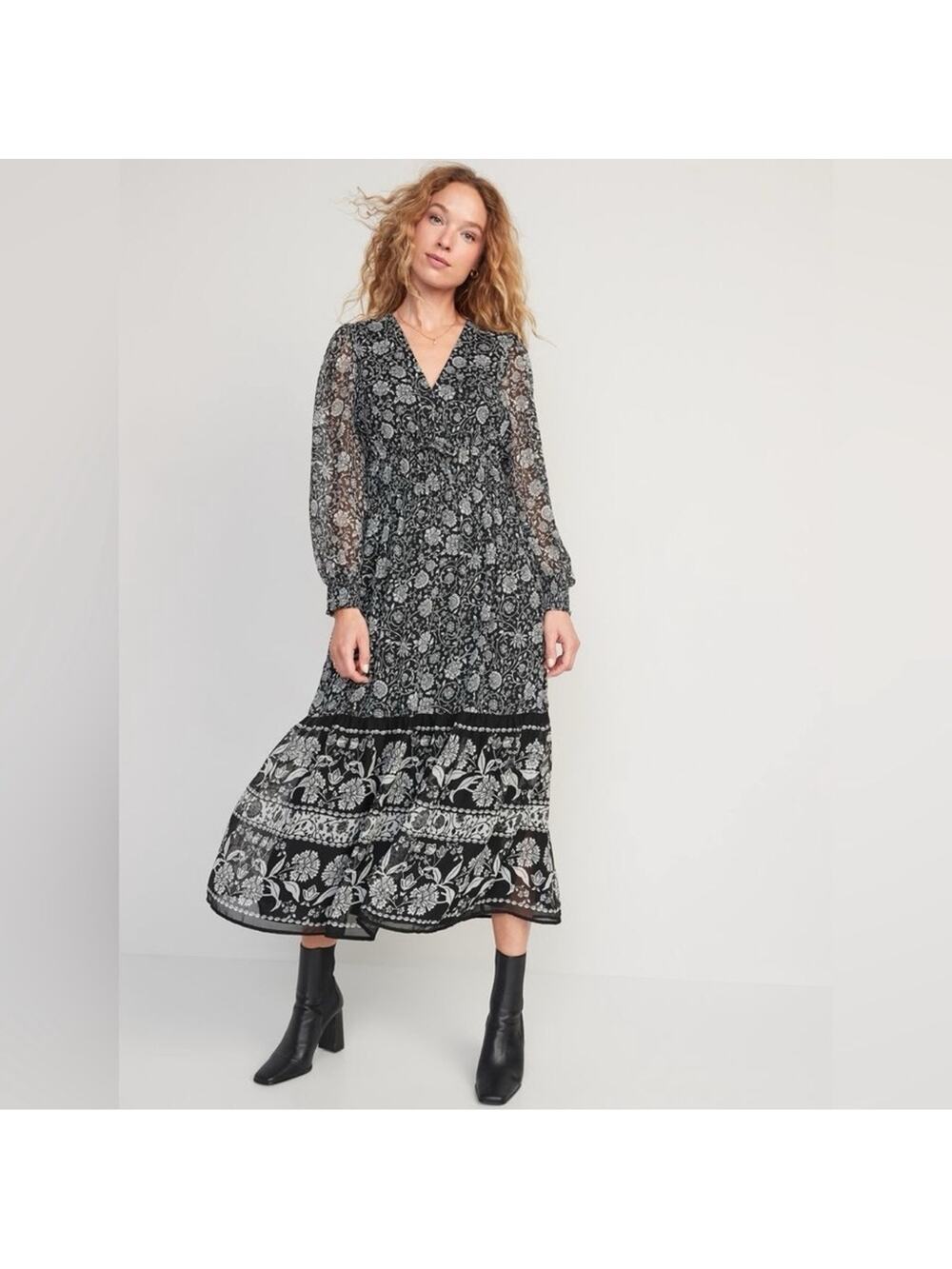 NWT NEW Old Navy Waist-Defined Floral-Print Smocked Tie-Front Maxi Dress Large T